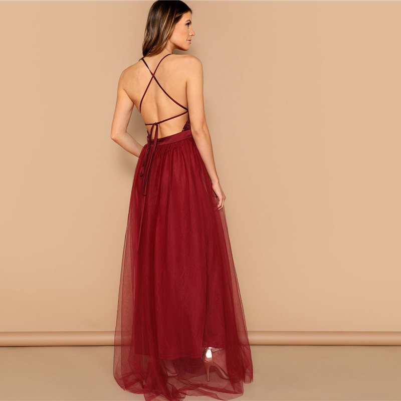 Acquistare Shein Sexy Borgogna Incrociato Apri Indietro Paillettes  Rattoppato Con Spalline Abito Lungo Estate Delle Donne Fit Solid E Flare  Mesh Vestiti Da Partito Economico | Consegna Veloce E Qualità | DHgate Italy