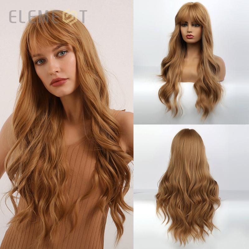 

High Temperature Fiber Long Wavy Golden Blonde Party Synthetic Wigs with Bangs for White/Black Women, Lc227-2