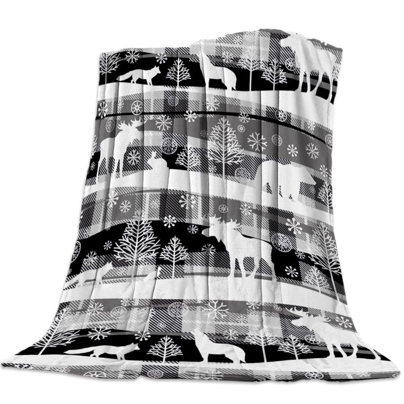 

Blanket Christmas Themed Winter Animals In Black Plaid Flannel Blanket Warm Soft Throw Sofa Bed Travel Blankets