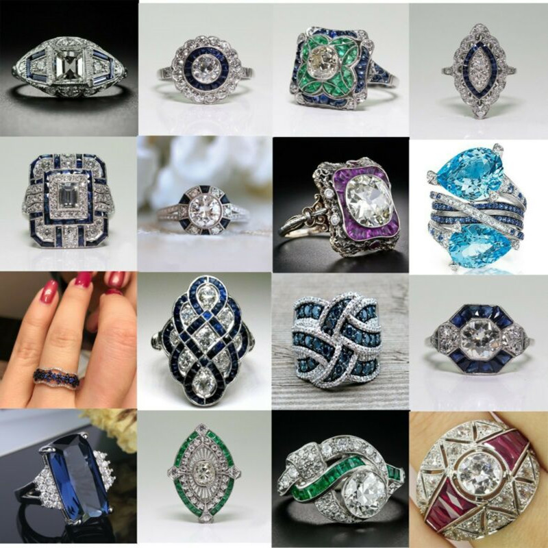 

FDLK Antique Art Deco Zinc Alloy 2CT Blue Crystal & 1.30CT Green Crystal Floral Engagement Cocktail Ring, Silver