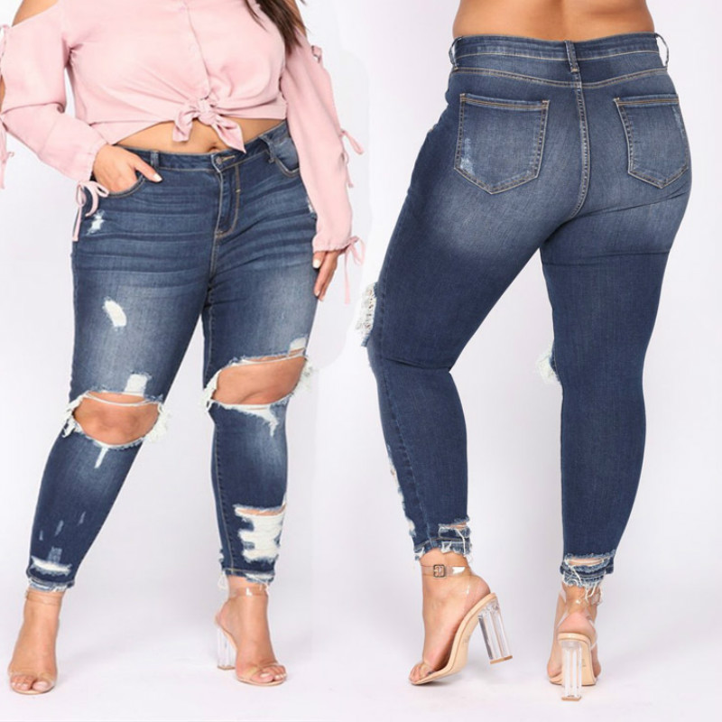 

Pants Jeans Casual-Trousers Mid-Waist Ripped Blue Hole Skinny Denim Length DM001, Dark blue