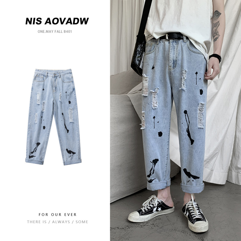 

Ripped Jeans Men's Fashion Printed Summer Casual Straight Jeans Men Streetwear Loose Hip-hop Hole Denim Trousers Mens -2XL, Blue