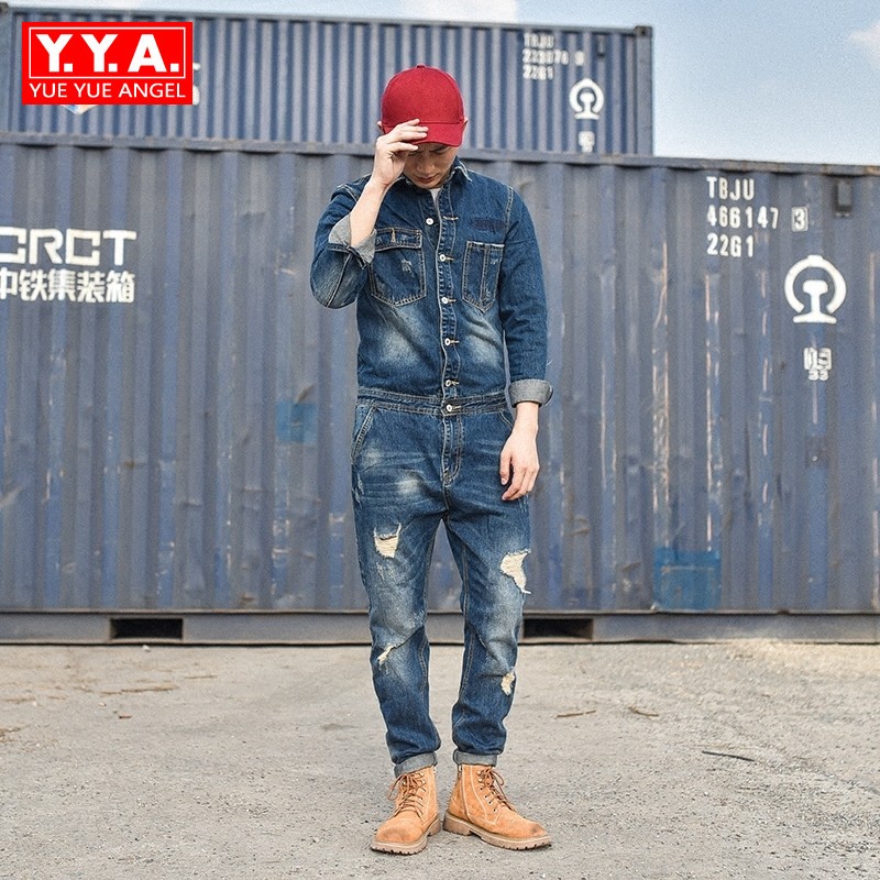 

Mens Designer Hole Denim Overalls Vintage Blue Jeans for Male Harajuku Work Cargo Clothes Long Casual Streetwear Jumpsuit