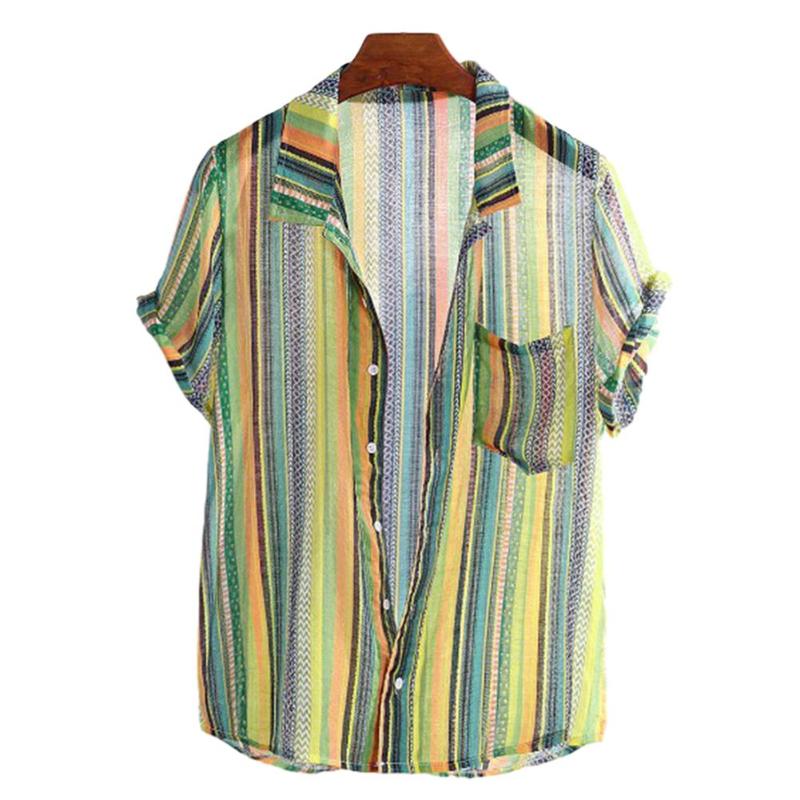 

MISSKY 2020 New Summer Men Shirt Leisure Shirt Striped Casual Short-sleeve with Pocket Decoration Male Tops, White;black