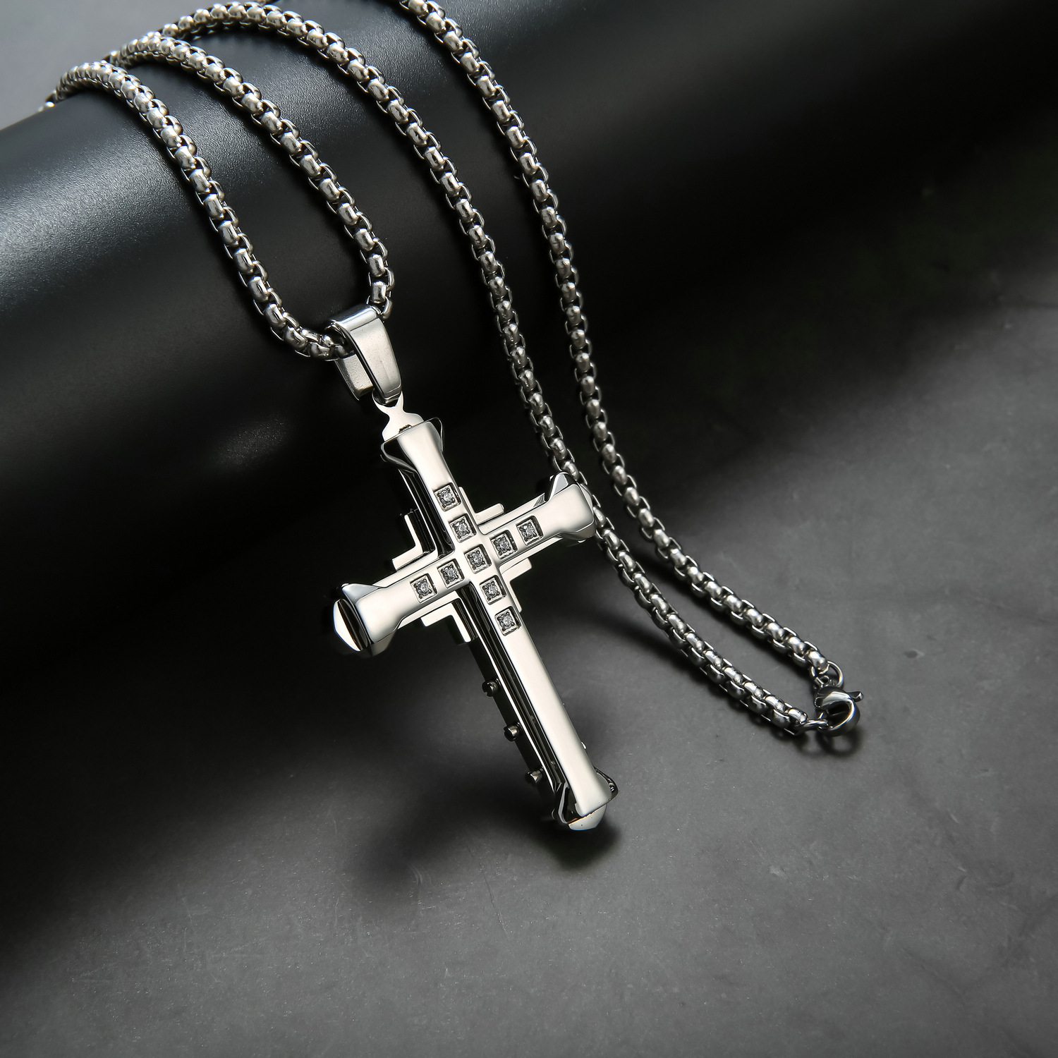 

Hip hop dark knight men's diamond cross stainless steel pendant necklace