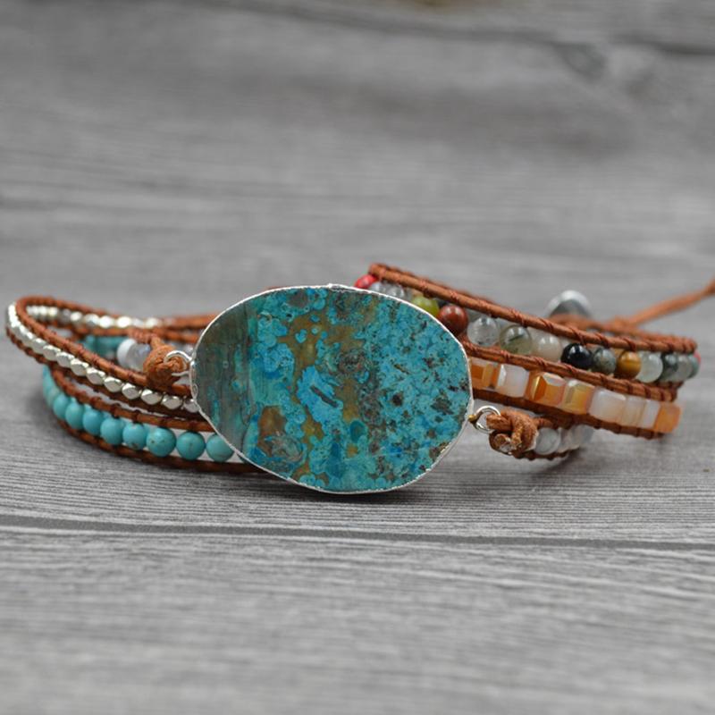 

Mixed Wristband Unique Retro Vintage RFID Blocking Natural Stone Charm Unisex Handmade Leather Bracelets Gift