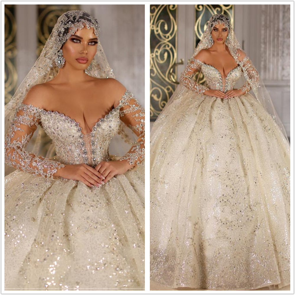 

Newest luxury dubai Ball Gown crystals Wedding Dress Sexiest Deep V neck off the shoulder long sleeves Bridal Gowns Court train high quality, White