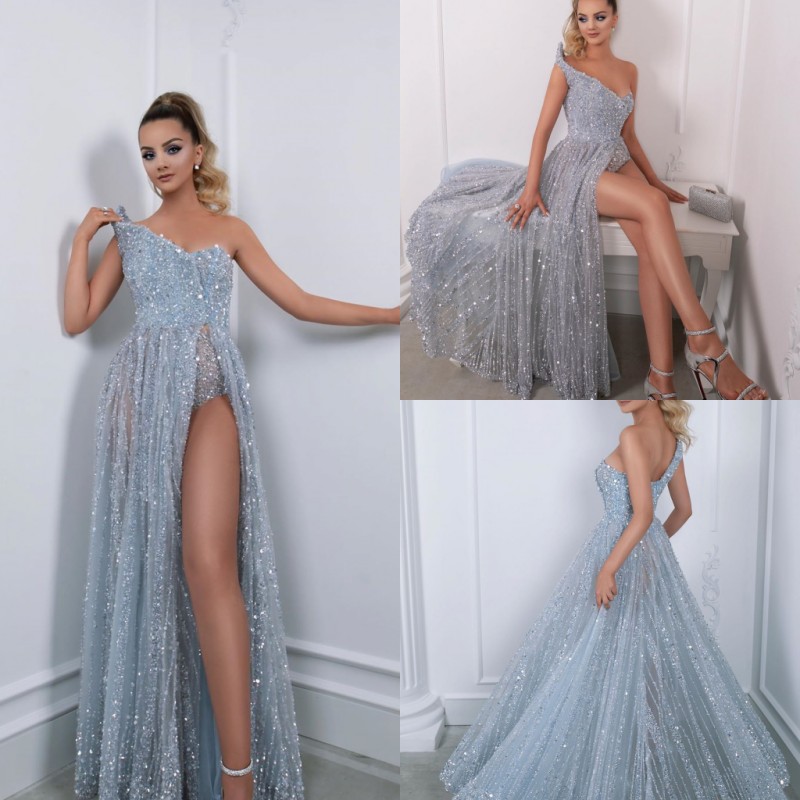 

2019 Bling Bling Cocktail Party Dresses One Shoulder A Line Lace Beads Sequins Evening Dress Custom Made High Side Split Sexy Prom Dress, Ivory