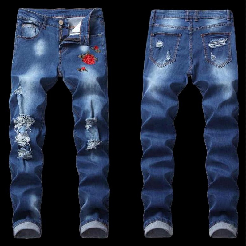 

2020 Men's Hole Slim Embroidered Jeans Trend Men Stretch Jeans Men's Hole Motorcycle Embroidered Flower Denim Pants, Blue