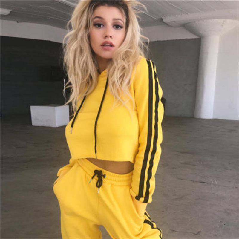 

2Pcs Women Sportswear Solid Long Sleeve Top High Waist Pants Stripe Female Sport Suits Training Fitnees Yoga Running Workout, Yellow