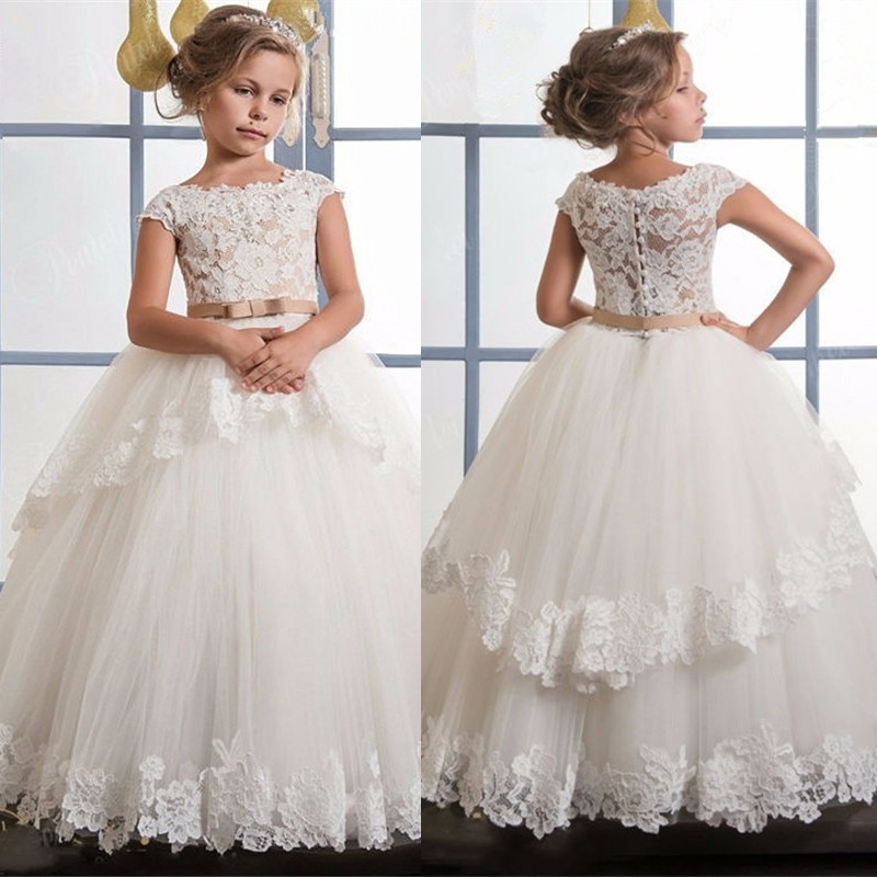 

Lace Appliques Flower Girl Dresses for Weddings First Communion Dresses for Girls Champagne O-neck Sleeveless Ball Gown, Custom color