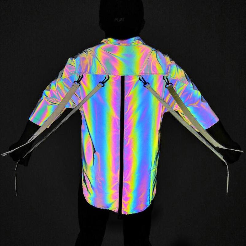 

Dropshipping men colorful reflective hip hop long shirts detachable ribbons blouse man oversized short sleeve punk zipper shirt, Black