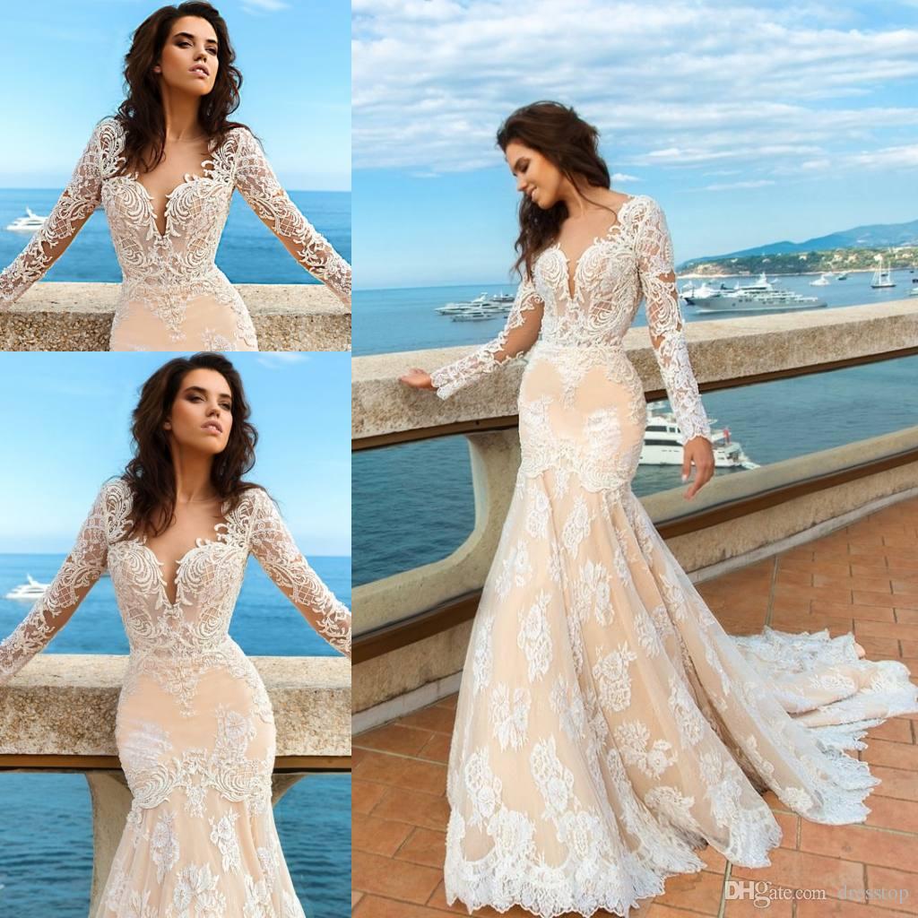 

Full Lace Wedding Gowns Plunging Neck Long Sleeve Mermaid Bridal Gowns Sweep Train Plus Size Wedding Dresses, Red