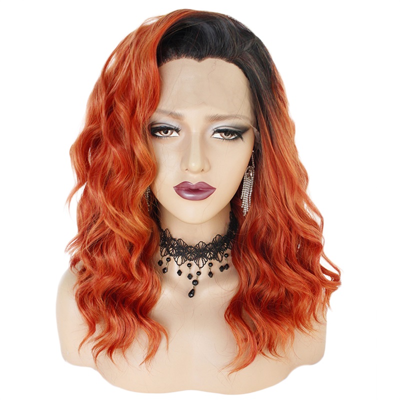 

Cosplaysalon 22 inches Medium Curly Black Mixed Orange Blue Purple Ombre Retro Vintage Party Synthetic Hair Lace Front Wig, H793641f