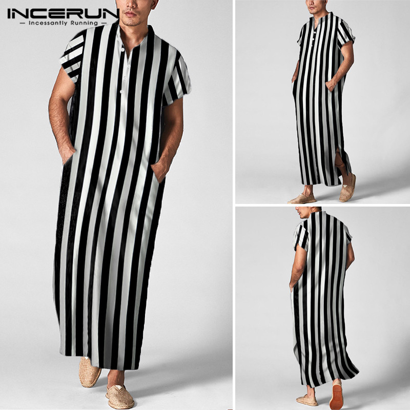 

INCERUN Man Short Sleeve Stand Collar Muslim Kaftan Robes Men Striped Long Shirts Vintage Long Tops Clothing -5XL7, Black