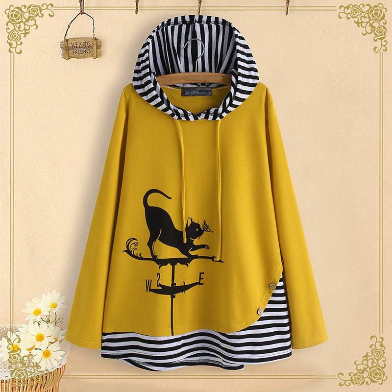 

Plus Size NZEA Striped Patchwork Shirts Sping Cat Cartoon Print Tunic Tops Women Hooded Long Sleeve Party Blouse Female Blusas, Pink
