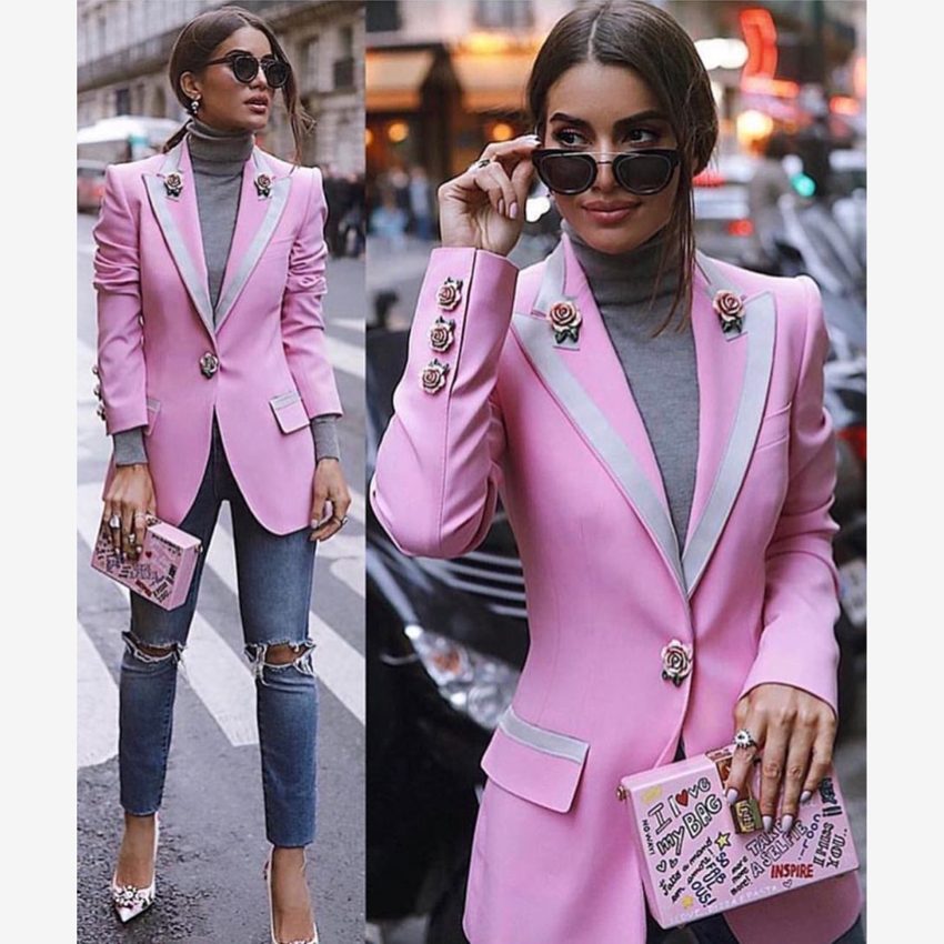 

Fashion 2019 Spring Runway Designer Pink Jacket Women Long Sleeve Floral Lining Rose Buttons Outer Coat Jacket Clothes, As pic