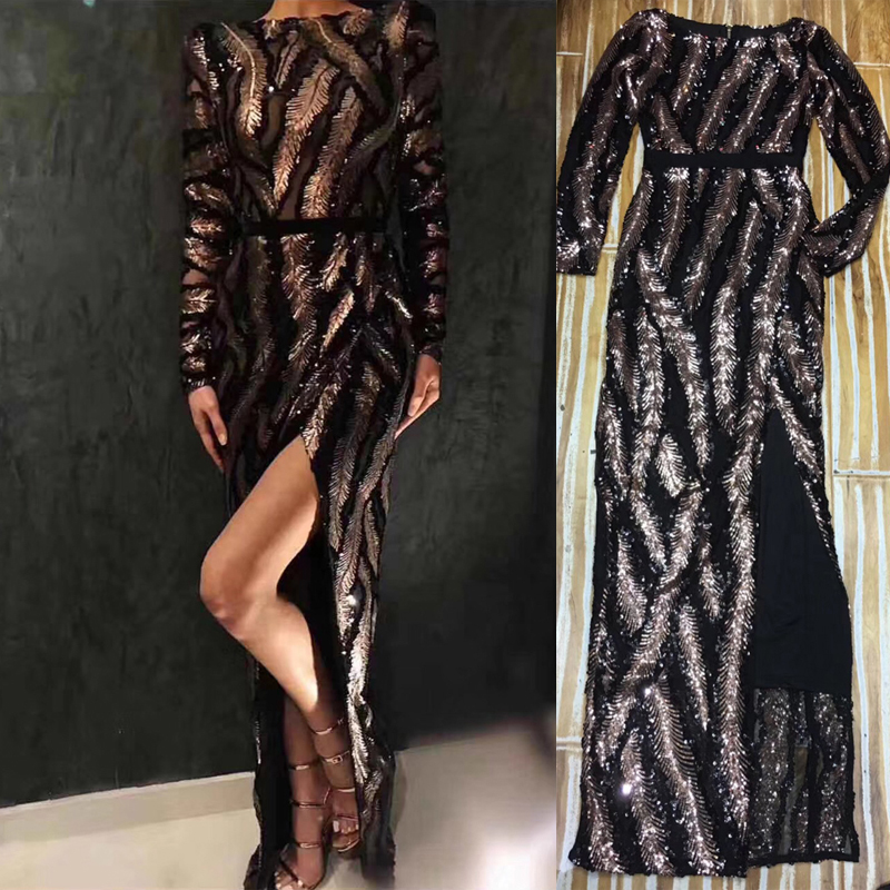 

New Fashion Show Celebrity Maxi Sequin Dress Cocktail Party Vestido Elegant Long Sleeve Bodycon High Split Women Dress Wholesale, Multi