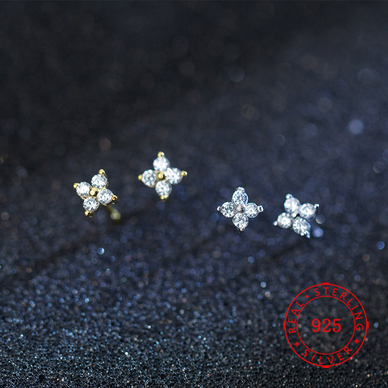 

real 925 sterling silver cz stone paved tiny flower girl stud earrings with stamped s925 women gold mini wedding gift jewelry in China