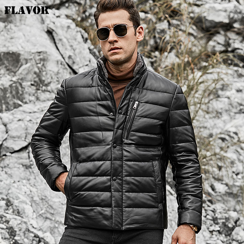 

FLAVOR Men's Lambskin Genuine Leather Down Jacket Men Jacket with Standing Sheep Fur Collar White Duck Down Coat, Black