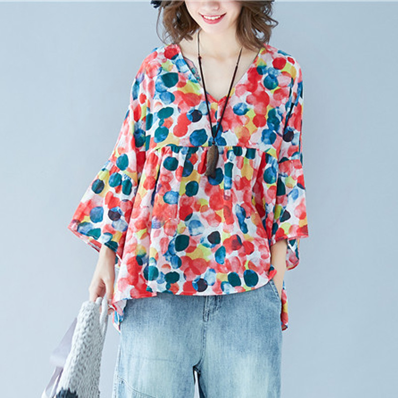

Johnature Women Plus Size Summer T-Shirts V-Neck Seven Sleeve 2020 New Print Dot Loose Casual Female Korean Style T-Shirts, Multi