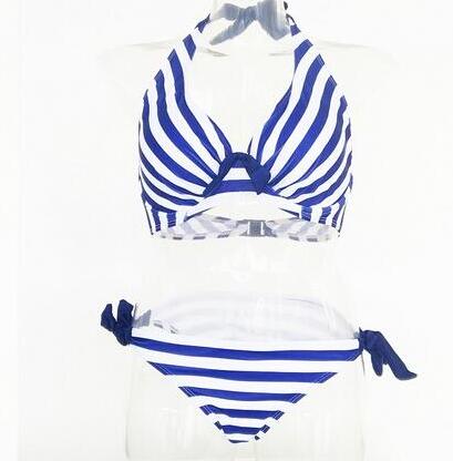 

New Royal Blue Women Push Up Bikini Sets Scrunch Butt Female Swimwear Halter Striped Biquini Swimsuit Padded Bathing Sui 2set/lot