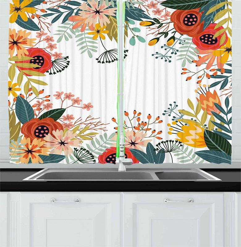 

Floral Kitchen Curtains Vintage Exotic Summer Flowers Botanical Natural Framework Colorful Art Illustration Window Drapes, As pic