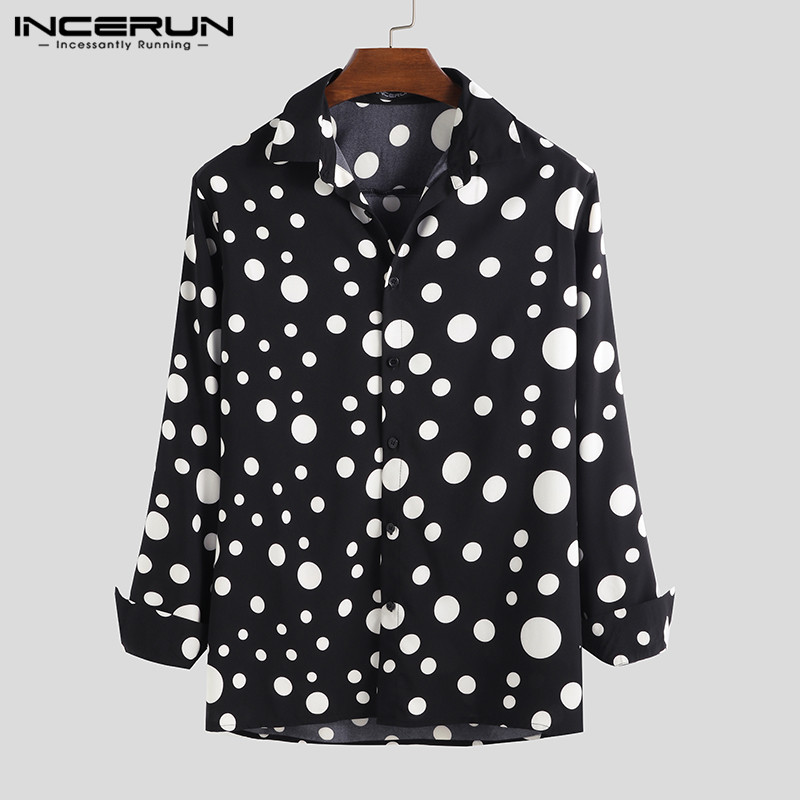

INCERUN Fashion Men Casual Shirt Dress Polka Dot Lapel Collar Street Style Long Sleeve Chic Blouse Mens Brand Shirts 2019 Autumn, White shirt