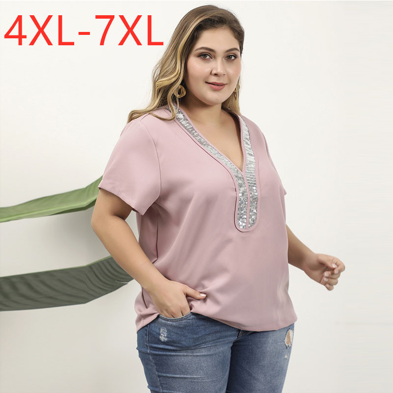 

Female new summer plus size tops for women blouse large short sleeve casual loose sequins V neck shirt pink  5XL 6XL 7XL, As pic