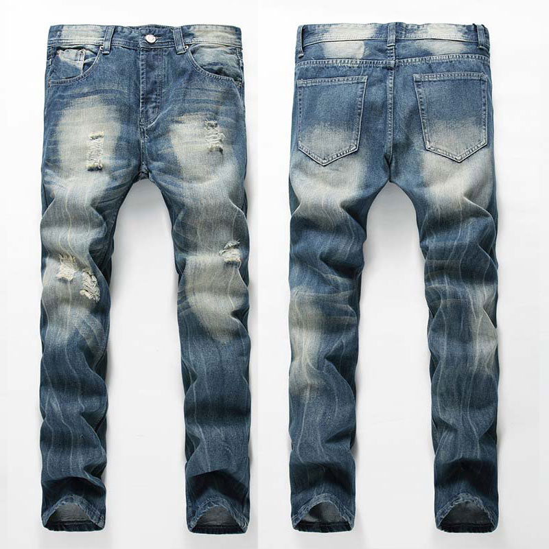 

2020 Men Casual Jeans Denim Pants Distreessed Straight Knees Holes Vintage Nostalgic Regular Trousers Free Shipping, T-9640