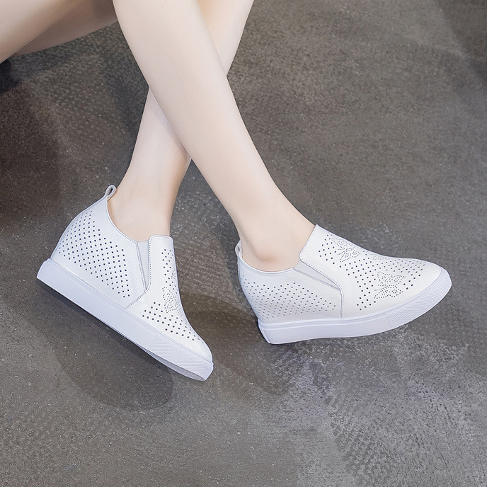 

Hollow increase in walking shoes female new summer wedge heel genuine leather breathable casual sports shoes for women ZP-313, White