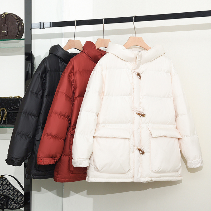 

new arrival winter women coats fashion Horn buckle short hooded white down jacket thick warm kawaii Korea coats