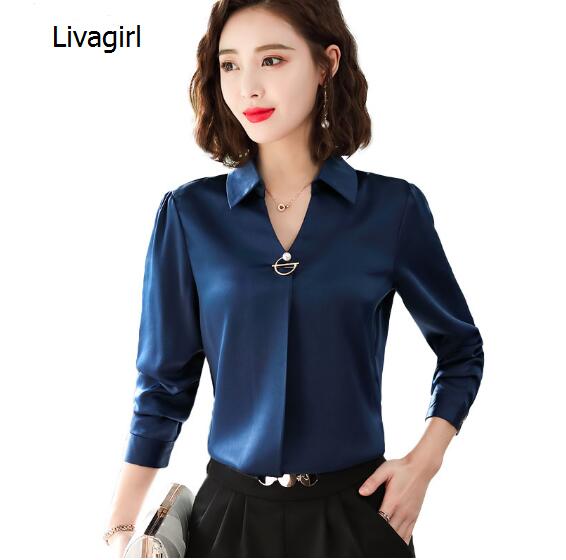 

Professional long sleeve V neck shirt women fashion new spring loose temperament blouses office ladies plus size navy work top, White