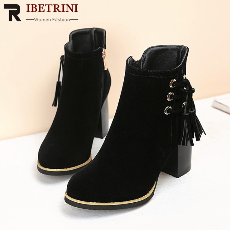 

RIBETRINI Consise Ladies Boots Round Toe Fringe High Heel Ankle Boots Women Flock Spring Autumn Fashion Shoes Woman, Black