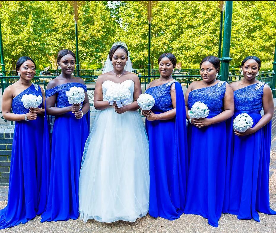 

Royal Blue Chiffon Bridesmaid Dresses One Shoulder African Bride Wedding Party Gowns with Wraps Sequins Maid of Honor Dresses