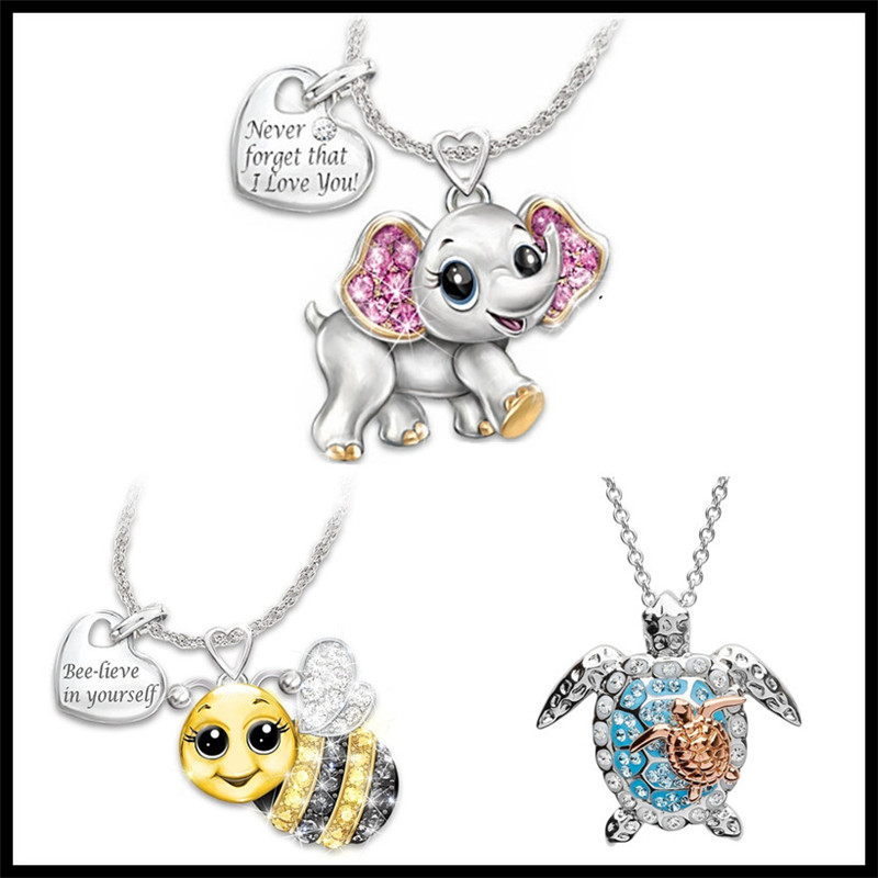 

Exquisite Fashion Silver Cute Letter Crystal Elephant Turtle Bee Necklace Women Pendant Necklace Jewelry Accessories Lover's Gifts