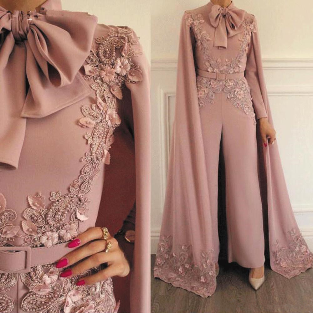 

Woman Jumpsuit Vintage Capped Lace Applique Beaded For Evening Party Long Sleeves Floor Length Formal Muslim Dresses Gowns, White