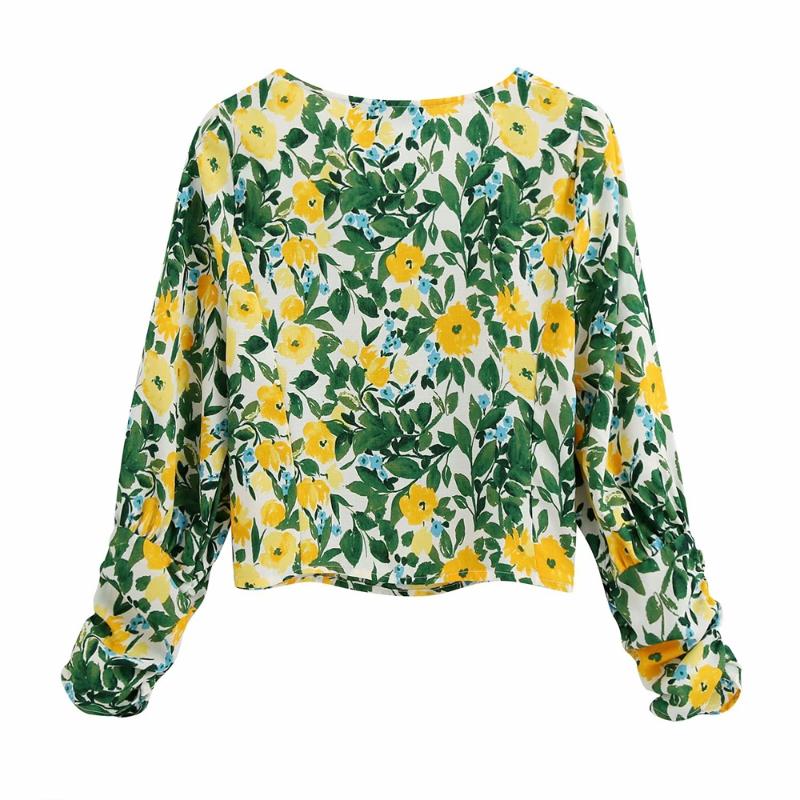 

2020 summer women's new retro square collar long-sleeved fresh literary flower pattern loose rural style shirt, Green
