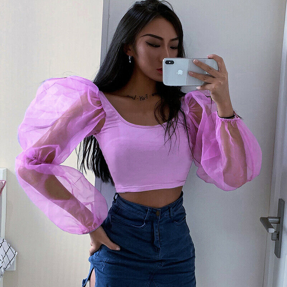 

Women Floral Eugensha Mesh Sheer See-through Crop Top Shirts Blouse Puff Long Sleeve Solid Loose Slim Blusa Soft Outwear, Black