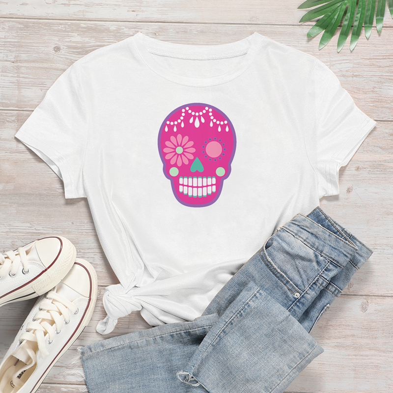 

Funny Skull Punk T Shirt Casual Short Sleeve Tshirts Femme Tops Mujer for Women Short Sleeve Tees 90s Graphic Harajuku Tshirts, White
