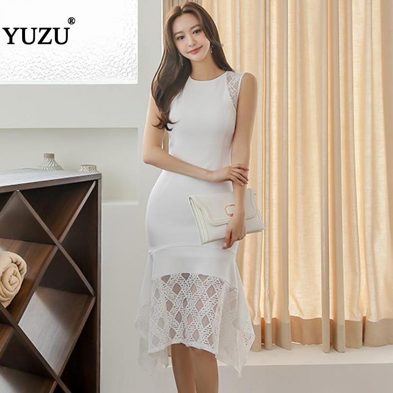 

White Bodycon Mermaid Sexy Dress Office Party Dinner Women Summer 2020 Solid Sleeveless Lace Patchwork O-neck Mid-calf Dresses