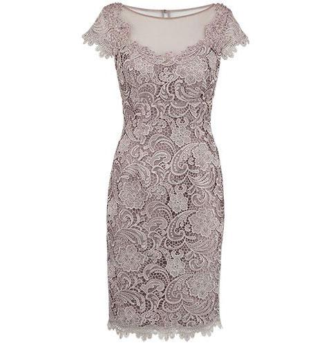 

Vintage Lace Mother Dresses Short Sleeve Sheath Lace Appliques Jewel Neck Mother of the Bride Dress Knee Length Formal Wear