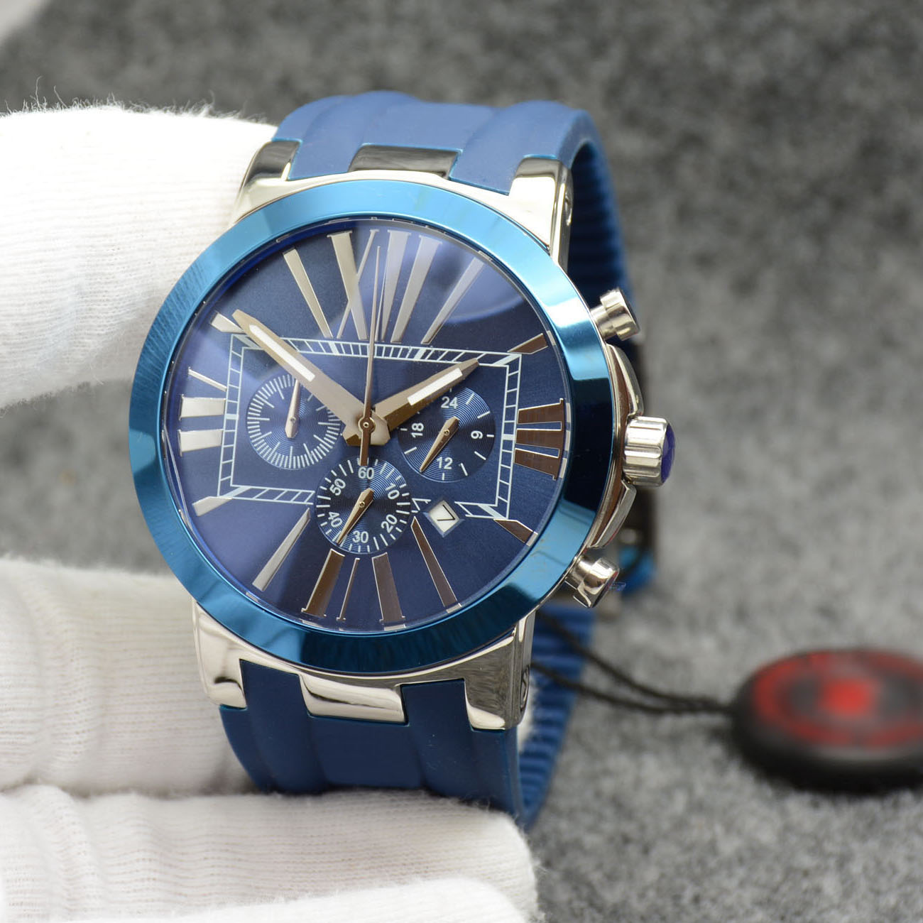 

Successful Men Watch Marine Ceramic Bezel Blue Dial Chronograph Quartz Battery Executive Dual Time Rubber Strap Wristwatches Mens Watches