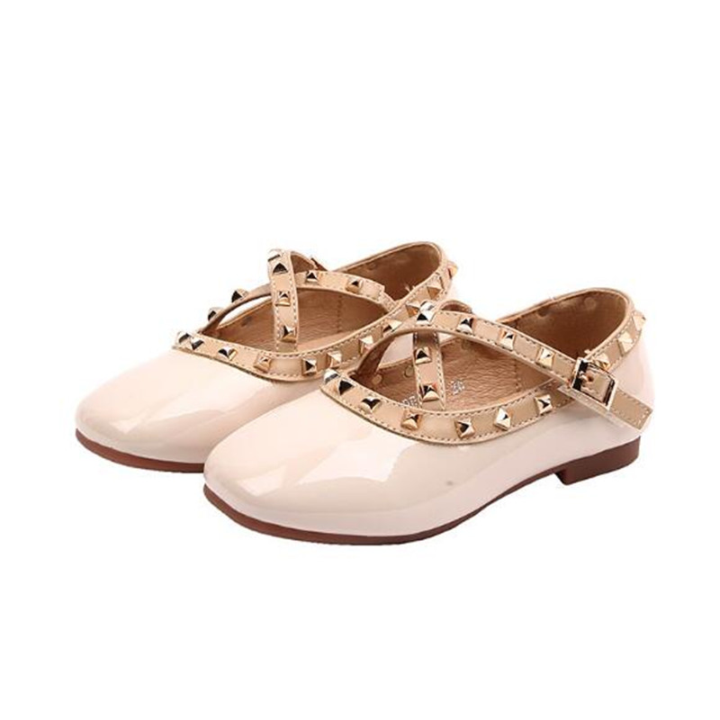 

New Children Shoes Fashion Rivet Princess Party Dance Student Breathable Low-heeled Kids Girls Leather Shoes 019, Black