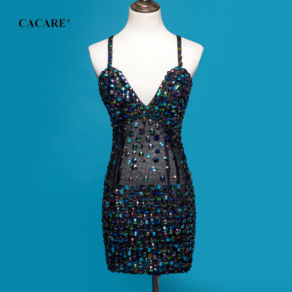 

CACARE Sexy See Through Dress Club Bodycon Evening Mesh Prom Dress Short Sewing Rhinestones 5 Choices F0516 Deep V Neck, Champagne