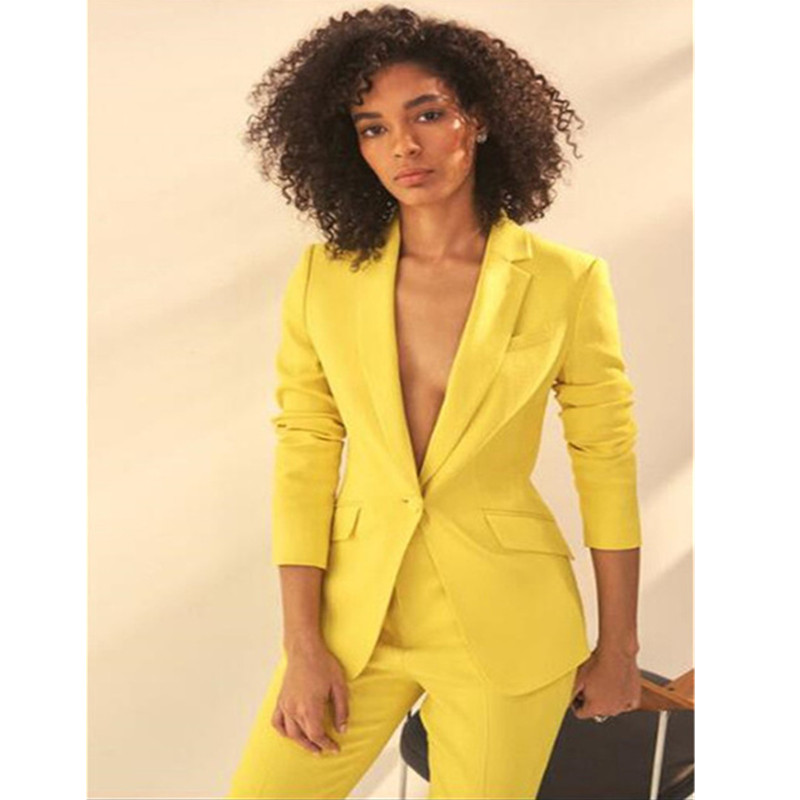 

New Yellow One Button Notch Lapel Women' 2 Pieces Slim Fit Suits Women Custom Made Office Uniform Bespoke Fashion Suits, Black
