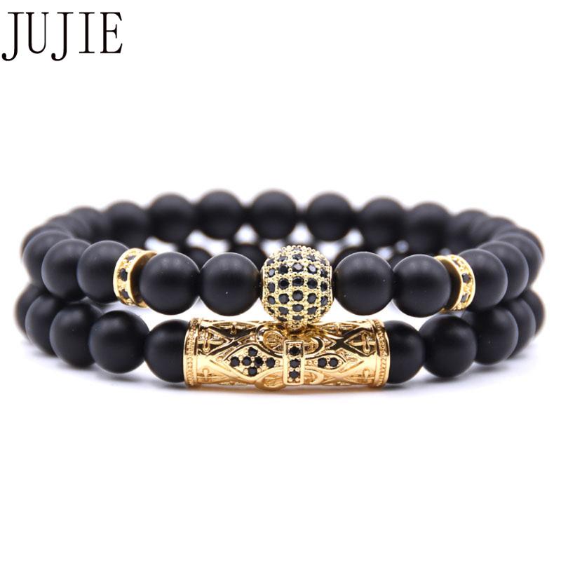 

JUJIE Natural frosted stone bracelet micro-inlaid Zircon ball long tube double energy bracelet Man