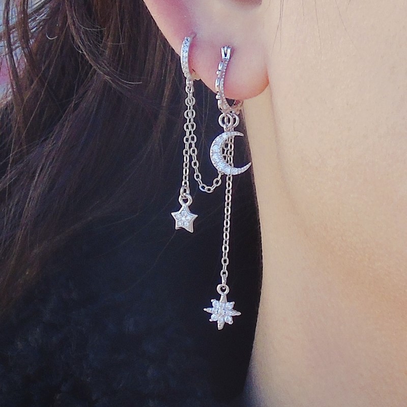 

925 sterling silver earring design star moon 2/3/4 pierced Siamese ears chain ear bone ear buckle personality female jewelry