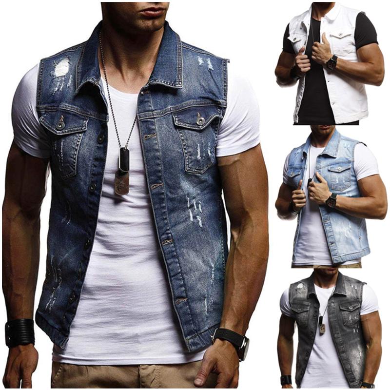 

Retro hole denim vest men's sleeveless denim fashion jacket casual sleeveless jacket hip-hop tank enlarged size 3xl, White