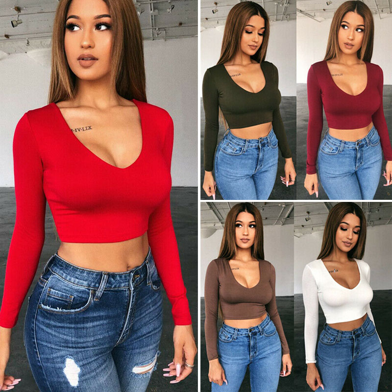 

Women' Sexy U-Neck Long Sleeve T-Shirt Stretchy Casual Blouse Tank Tops, Brown